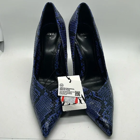 Zara NWT Sexy Blue Snakeskin Print Stiletto Heels Shoes **Size 38/US 7.5**🔥🔥 - Picture 2 of 7